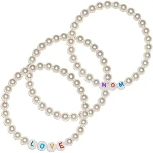 Birthday Gifts for Mom Grandma, Pearl Bracelets for Women, White Stretch Pearl Bracelet with MOM LOVE Letter, 4mm 6mm 8mm Faux Beaded Bracelets for Mother's Day Anniversary