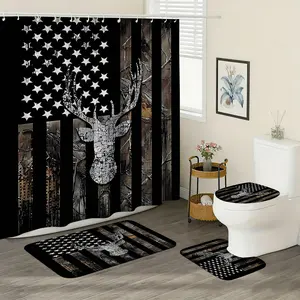 American Camo Deer Head Flag Theme Shower Curtain Set, Colors, Includes Plastic Hooks, Non-Slip Mat, U-Shaped Toilet Pad