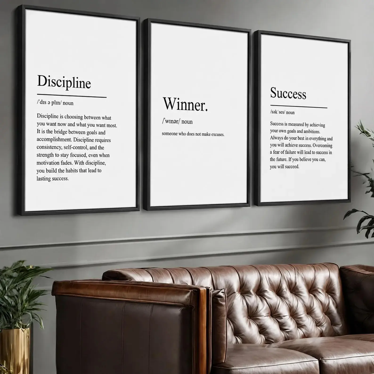 Discipline Success Winner Posters Set of 3 Unframed , Motivational Bundle, Black and White Typography Prints, Entrepreneur Mindset Art