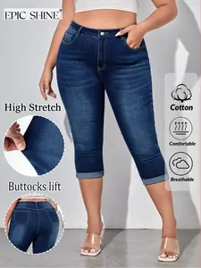 Women's Plus Size Capri Jeans, High Waist Stretch Denim, Casual Solid Pattern, Spring & Fall, Comfortable Fit Zipper Fly, A-Type Silhouette