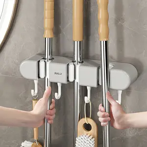 Wall-Mounted Mop Holder Hook, No-Drill Broom Organizer, Space-Saving Storage Rack for Bathroom & Kitchen, Multi-Purpose Hanging Accessory, Wall Mountable Bathroom Organizing Accessories