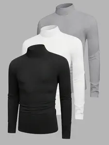 3 Piece Pack Men's High Neck Long Sleeve Plain T-Shirt Top, Casual Slim Fit Pullover, Quick Dry Sun Protection, Spring & Fall Wear