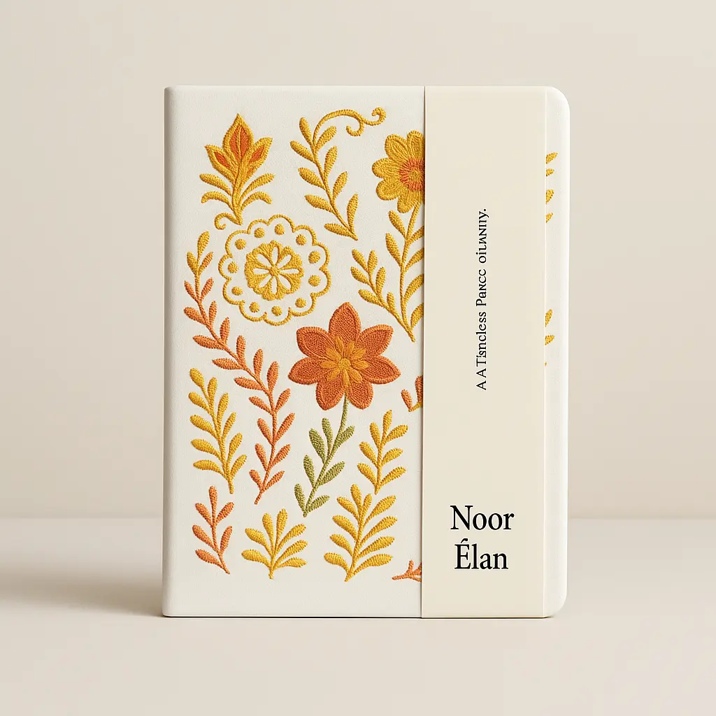 Noor Élan Quiet Luxury Embroidered Journal with Golden Floral Detailing on Ivory Cover for Journaling Planning and Gifting