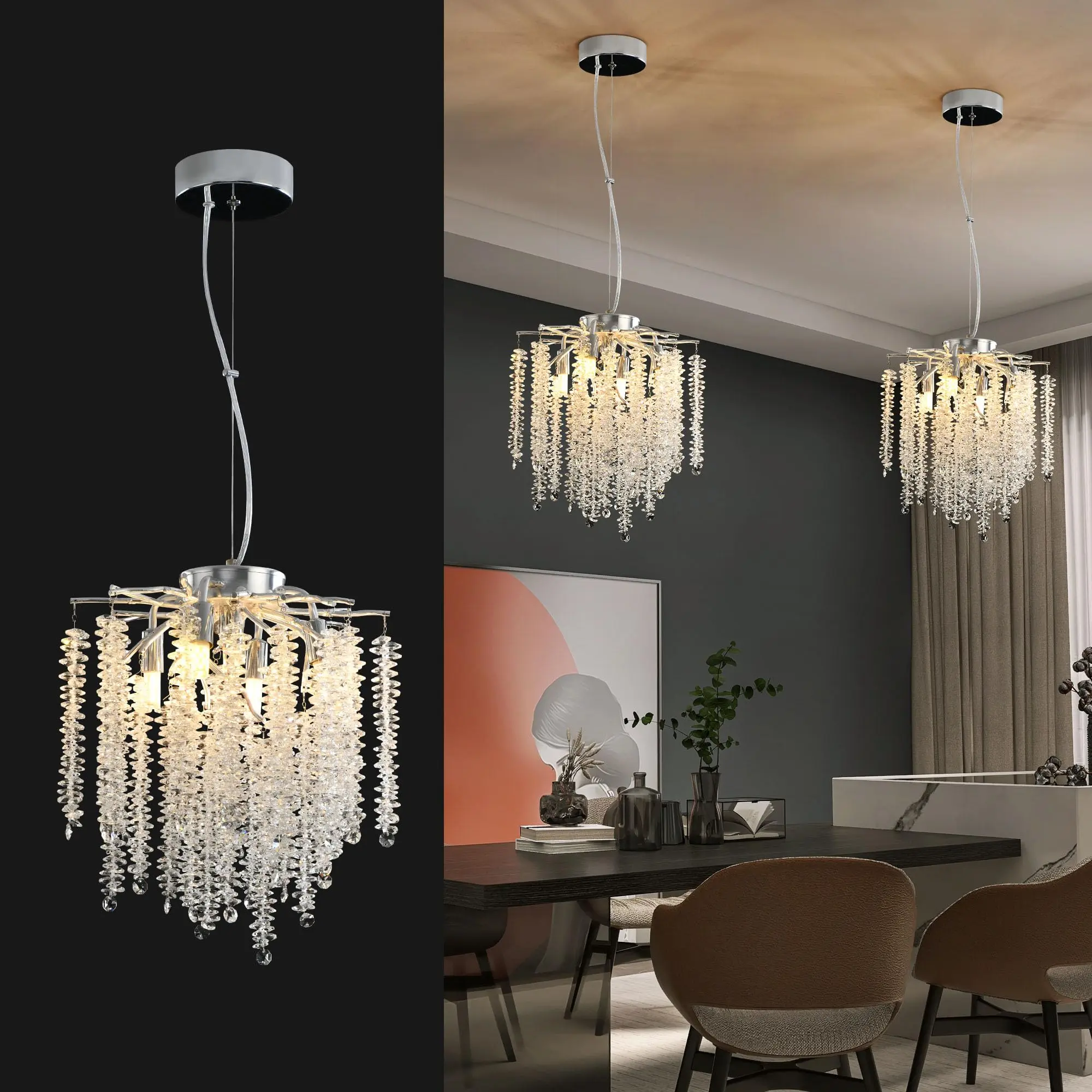Modern Silver Crystal Chandelier, Small Tree Branch Design K9 Crystal  Pendant Light, Dimmable Linear 12-Inch Hanging Fixture for Kitchen Island Corridor Bedroom, Luxury Home Decor, Bulbs Not Included