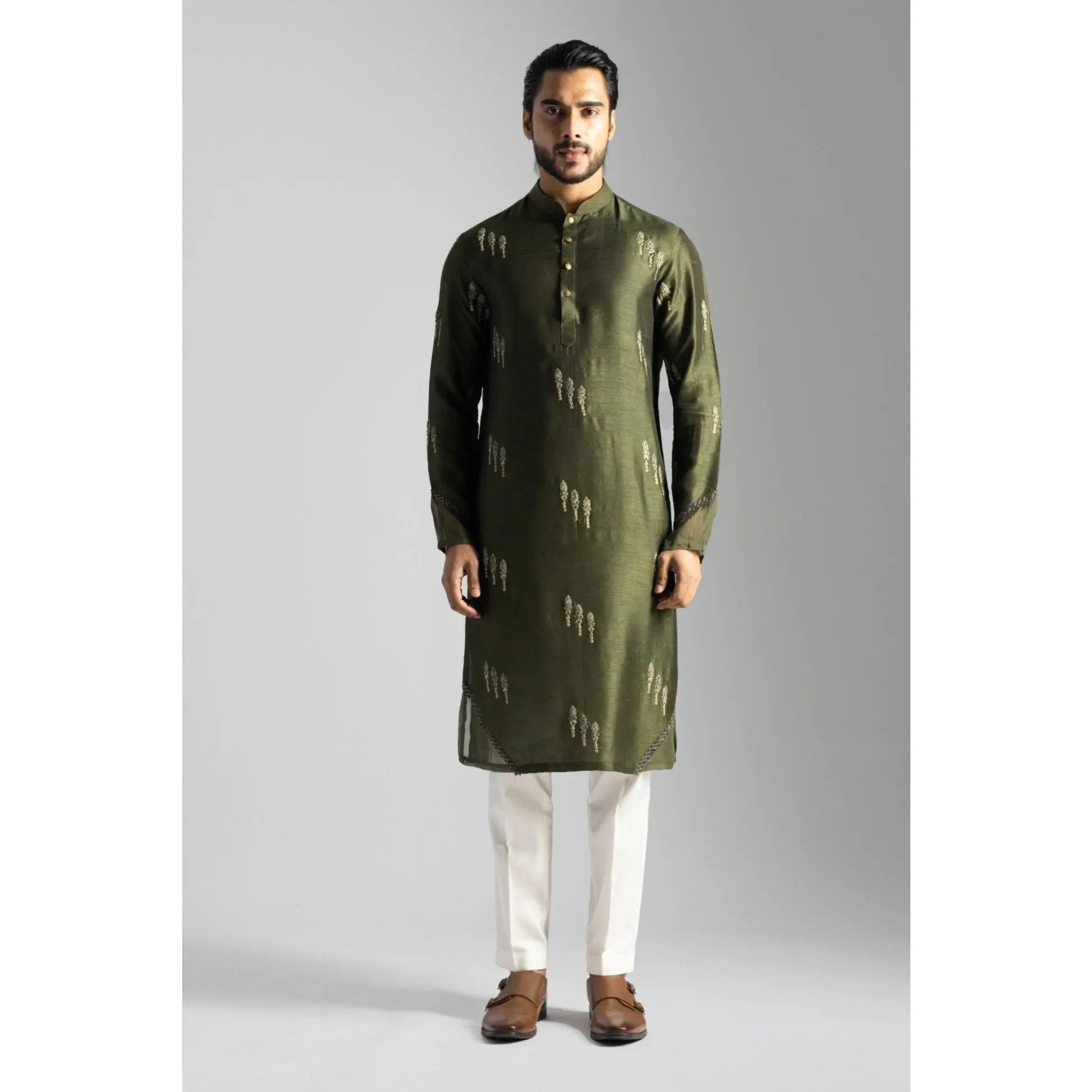Olive green linen kurta and pants