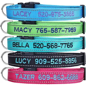 Personalized dog collar, customizable with embroidered pet name and phone number, available in 4 adjustable sizes: extra small, small, medium, large, equipped with a quick-release buckle and D-ring