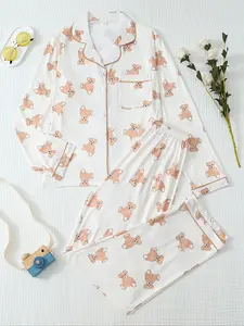 Women's Oodie Bear Print Long Sleeve Pajama Set, Sweet Cute Button Front Top and Pants, Casual Homewear, Cute Loungewear, All Seasons Fitted Sleepwear