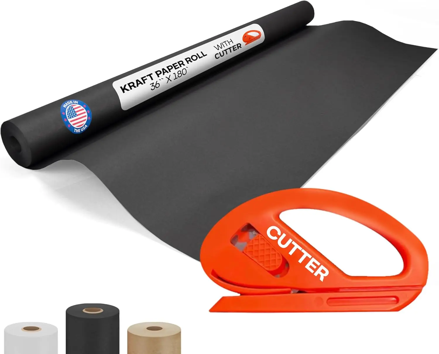 IDL Packaging Black Kraft Paper Roll 36" x 2160" (180 feet) with Cutter - USA-Made Quality Paper 50lb Thickness for Wrapping, Packing, Moving, Shipping, & Crafts/Arts - Natural Kraft Material