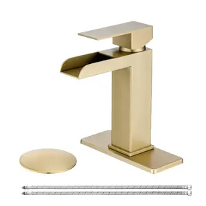 Hardware Waterfall Bathroom Faucet Brushed Gold Single Handle Bathroom Sink Faucets 1 or 3 Hole Solid Vanity Faucet with Deck Plate & Overflow Pop Up Drain Brushed Gold Simple and stylish Easy to install