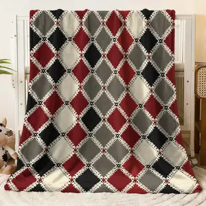 Retro Diamond Pattern Flannel Blanket - Soft Warm Plush Throw for Bed, Couch & Sofa, All - Season Lightweight Blanket with Vibrant Red, Gray, Black & White Geometric Design, Cozy Decorative