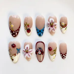 Fall Nails/Fall Press on nails long almond nails/Polka Dots Nails/3D Alarm Clock Nails/Garden Nails/Ladybug Nails/Cute Nails/Kawaii Nails