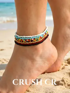 CRUSH CR Boho Summer Beaded Anklet Stack, 7Pcs Multicolor Seed Bead Ankle Bracelets, Versatile Beach Jewelry for Women, Ideal for Tropical Vacations, Festivals and Boho Summer Outfits
