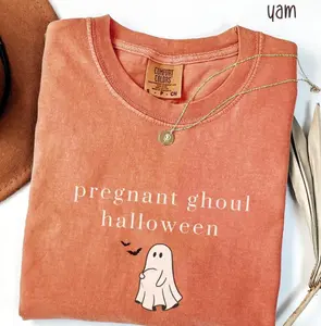 Comfort Colors Pregnant Ghoul Halloween T-Shirt, Funny Maternity Ghost Graphic Tee, Cute Baby Bump Reveal Gift for Fall, Spooky Season Pregnancy Outfit