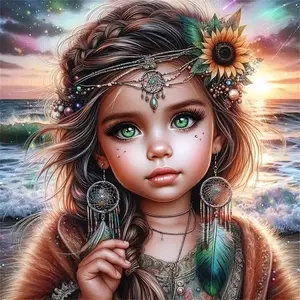 Boho girl with sunflower dreamcatcher and sunset beach wall art. Multiple sizes available including square diamonds. 5D DIY diamond painting set diamond art embroidery kit handmade furniture decor holiday birthday art personalized gift, Handmade Gifts