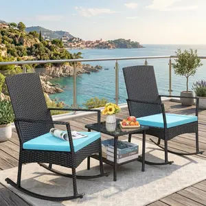 3 Piece Outdoor Patio Rocking Chair Set, Weather Resistant PE Wicker Conversation Bistro Set with Tempered Glass Coffee Table, Rustproof Steel Frame Rocking Furniture for Yard Garden Balcony Backyard