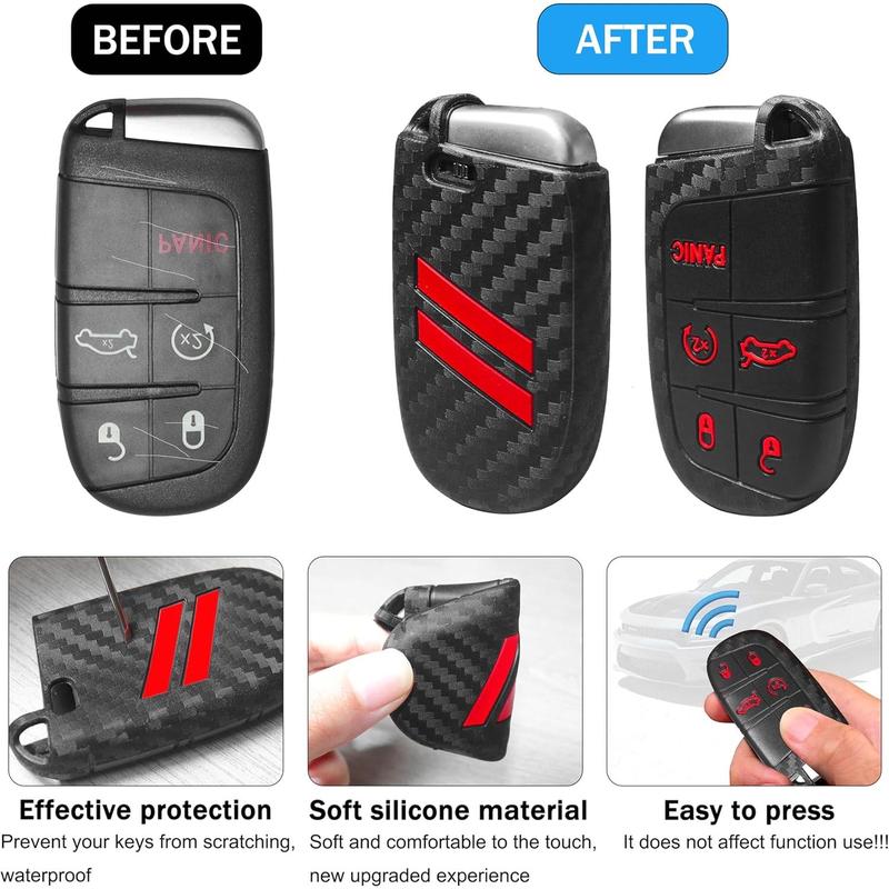 1 PC Silicone Key Fob Cover Fit for Dodge Charger Challenger Durango Journey Dart Key Shell Protector 5 Buttons Keyless for Dodge Accessories(Carbon Fiber red Trim)