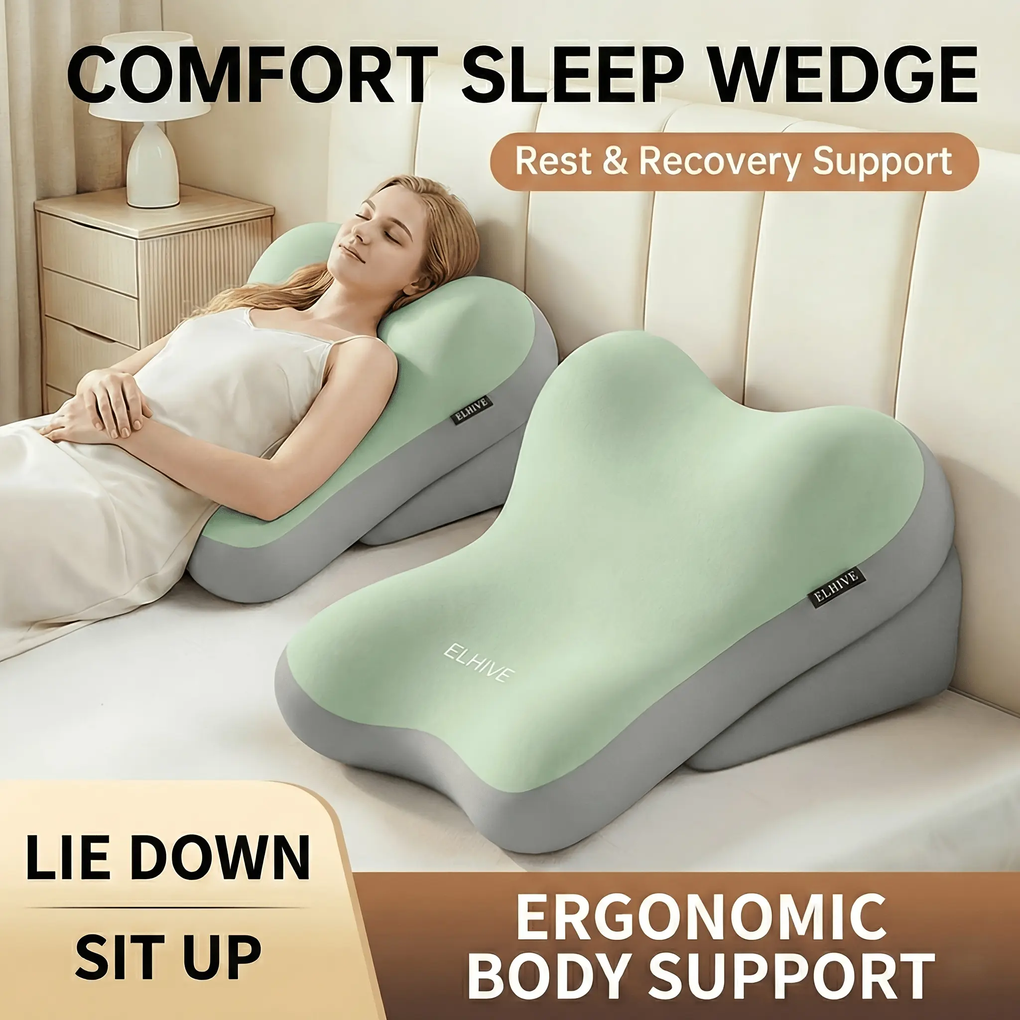 Headboard Backrest Cushion for Bed, 2pcs Adjustable Memory Foam Wedge Pillow, Oversized Sit Up Reading Pillow for Sitting Up in Bed, Lounger for Laptop Gaming, Watching TV, Prone Stomach Sleeping, Washable Cover