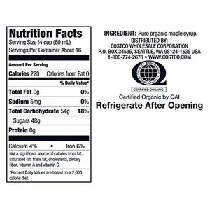 Kirkland Signature Organic Gluten Free 100% Pure, Grade A Amber Rich Maple Syrup - 1 L (33.8 oz)