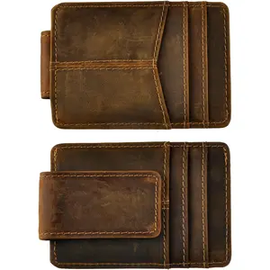 Mens Rfid  Clip Slim Wallet  Cowhide Credit Card Case Handy  (A Dark Brown Rfid)
