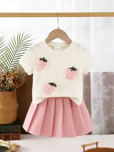 Baby Girl Strawberry Round Neck T-Shirt & Pleated Short Skirt Set, Baby Clothing, Sweet Cool Style, Cute Fashion, Elegant and Generous Look, Outfits