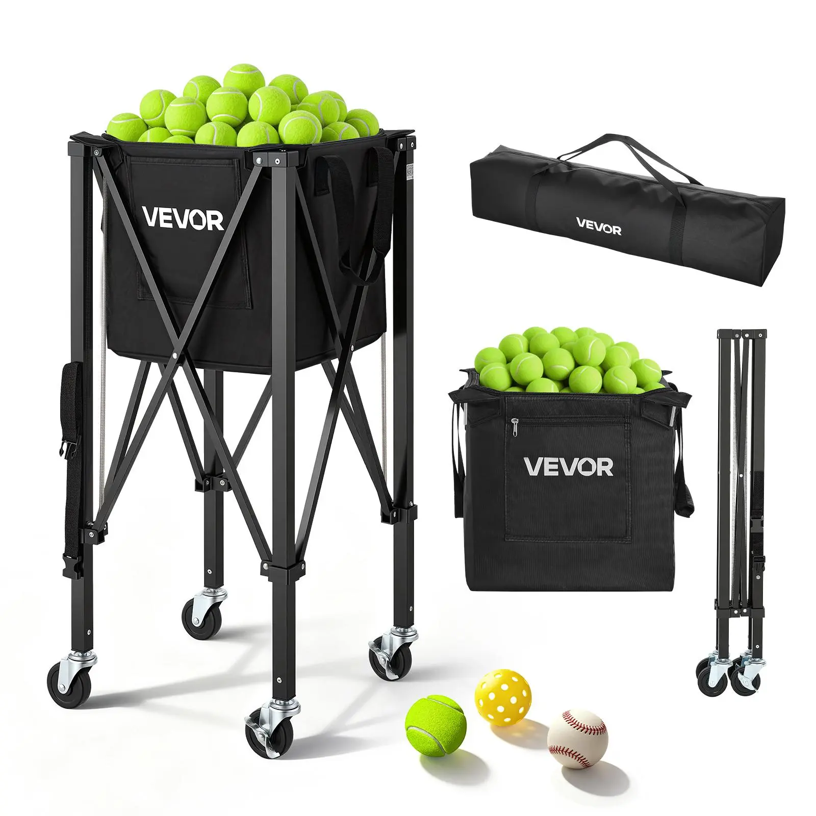 【SummerFinds】VEVOR Tennis Ball Hopper, Holds 150 Tennis Balls, Foldable Pickleball Basket Cart with Wheels for Easy Pick Up, Lightweight Aluminum Alloy, Portable Pickleball Caddy with Storage Bag, for Training