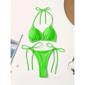 Solid color neon green triangle halter neck two-piece bikini swimsuit, women's swimwear and clothing