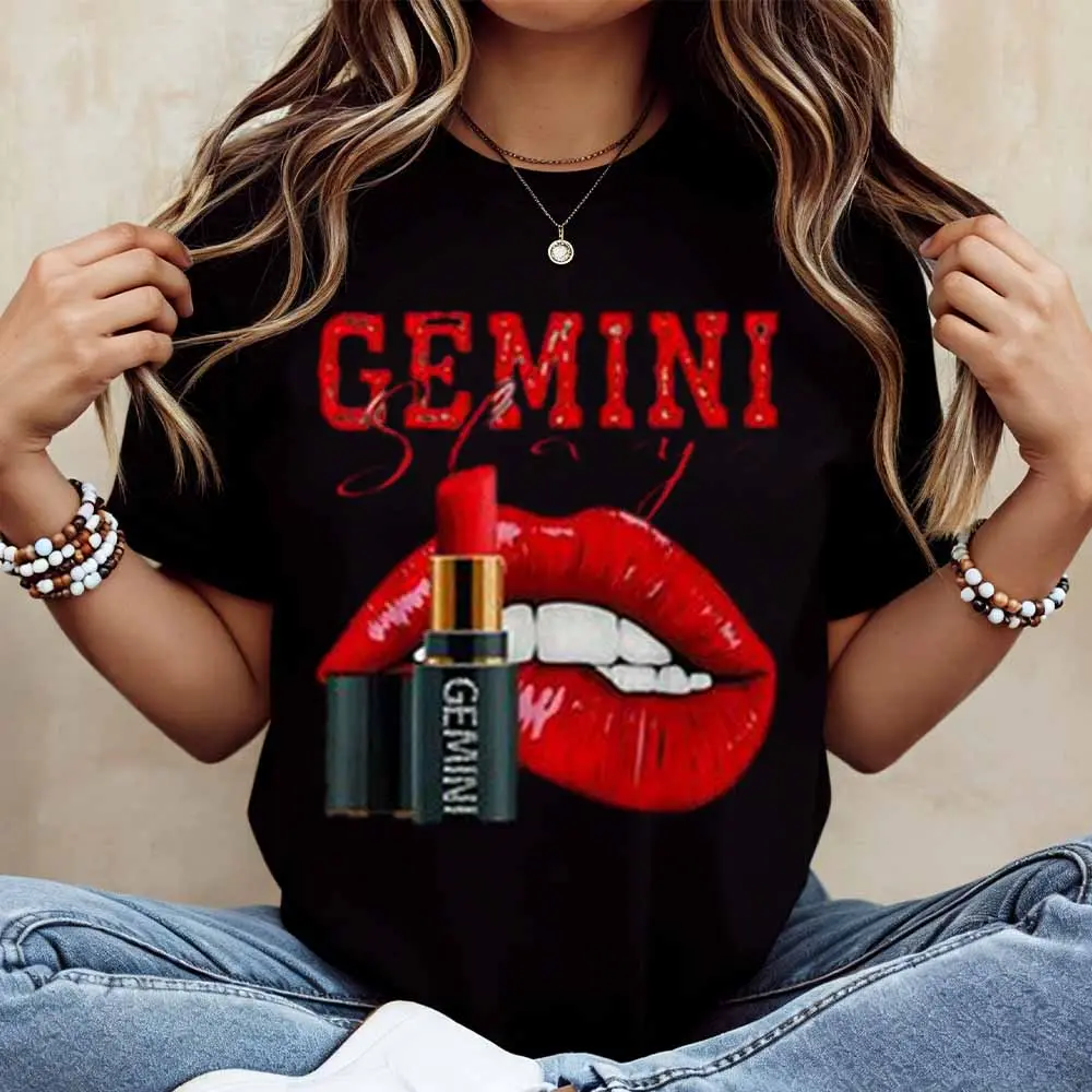 Gemini Lips And Lipstick Print T Shirt White Casual Loose Fit Tee For Everyday Wear And Leisure Activities