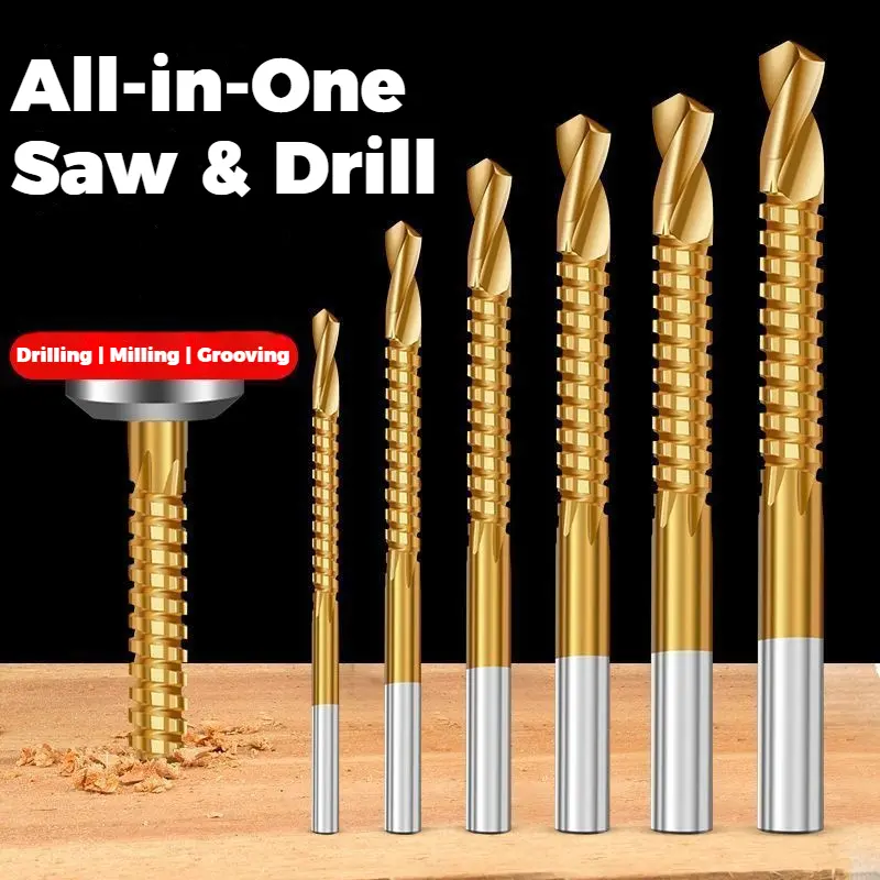 6-Piece Power Drill Bits Set, Titanium-Plated High Speed Steel Bits for Metalworking Drilling, Screwing, Boring
