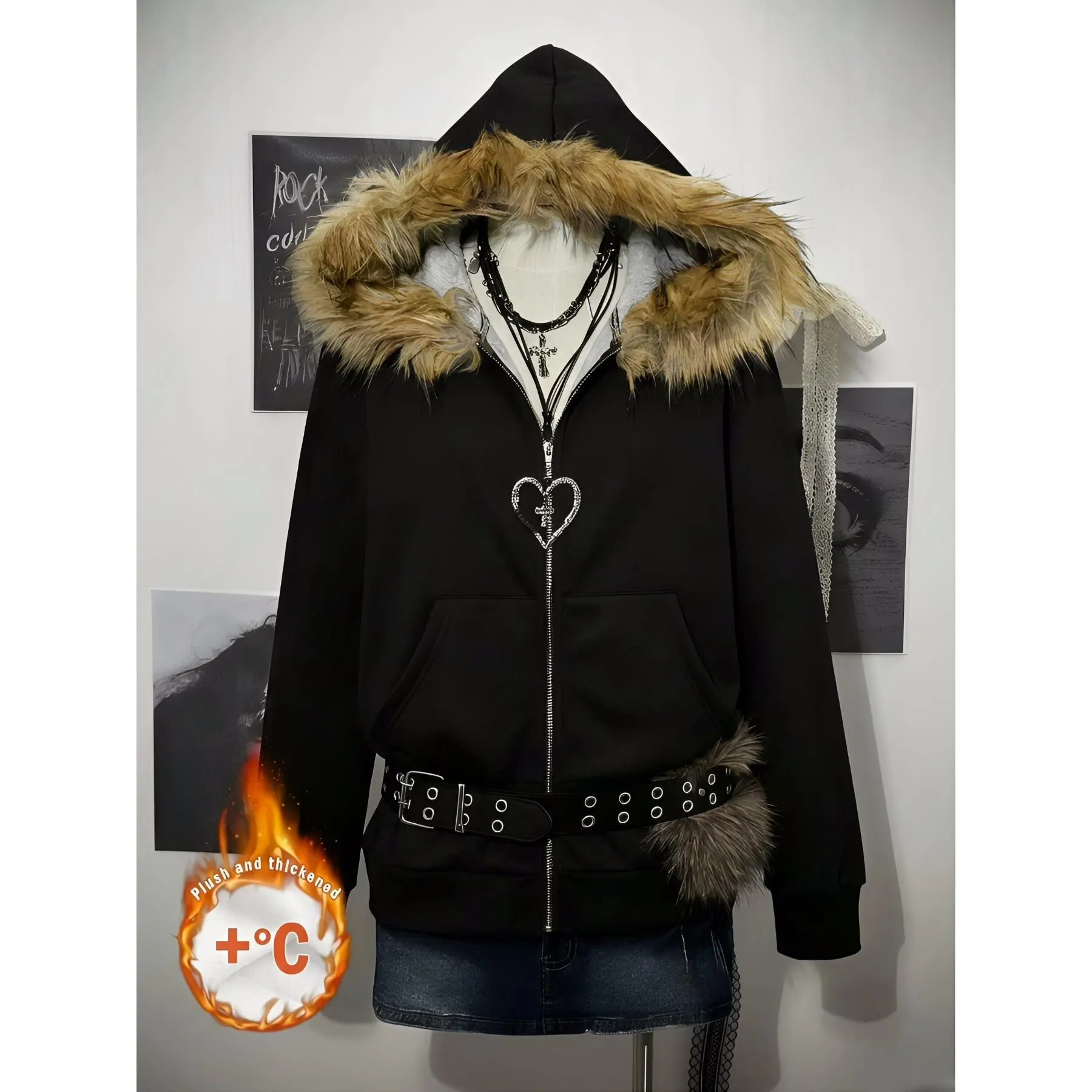 Y2K Gothic Black Faux Fur Hooded Solid Zip-Up Hoodie | Versatile