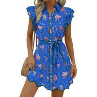 Women's Summer Button Down Shirt Dress Casual Collar V Neck Floral Ruffle Sleeve Boho Beach Vacation Mini Dresses
