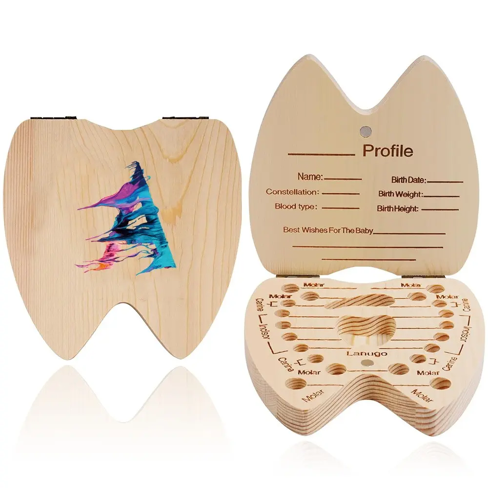 Wooden Baby Tooth Box, 1 Count Kids Milk Teeth Organizer, Newborn Memory Box, A-Z Letter & Paint Pattern, Ideal Gift for New Parents & Baby Shower, Nursery Room Decor