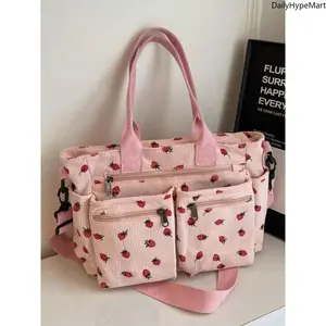 Women's Strawberry Print Canvas Tote Bag, Large Capacity Shoulder Bag