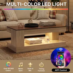 Modern LED Wood Coffee Table with App-Controlled Lighting – Handmade Two-Tone Living Room Furniture with Storage