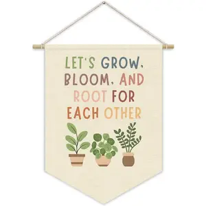Boho Positive Affirmations Green Wall Decor Canvas Banner Greenery Plant Lets Grow Bloom And Root For Each Other Nature Education Hanging Pennant Flag Wall Art For Classroom