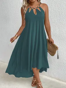 Plus Size Women's Fashion Solid Color Sleeveless Hollow Neck Maxi Dress, Loose Fit Stretch Fabric for Perfect Weekend Casual Beach Wear in Spring & Summer, Halter Neck, Womenswear
