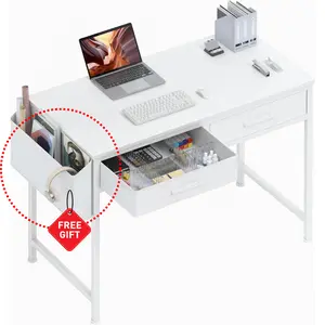 40 Inch Desk with Fabric Drawers - White Office Computer Makeup Desk for Bedroom Home Office, Small Makeup Vanity Study Desks with Drawers Side Bag, White Free Storage Box, Get Free Gift