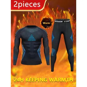 2-Piece Set Autumn Winter Men's Thermal Shapewear, Outdoor Skiing Thickened Leggings and Long Sleeve Top, Fleece Lined Suitable for Skating, Fitness Running Yoga and Sports