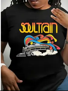 Women's Fashion Spring Summer Time Train Print T-Shirt, Casual Stylish Graphic Tee, Comfortable Cotton Material, Perfect for Daily Wear