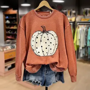 Cherrybetty Cotton Halloween Pumpkin Offset Printing Orange Long Sleeve Casual Sweatshirt in Rust Color with Polka Dot Design for Women's Fashion Tops Casual Womenswear sweatshirts Breathable Soft Fabric Shirts