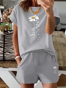 Two-Piece Set Women's Floral & Dog Print Tee & Shorts, Casual Round Neck Short Sleeve T-Shirt & Track Shorts, Matching Clothing Set, Casual Lounge Set, Ladies Summer Clothes, Womenswear, Casual Outfits Women