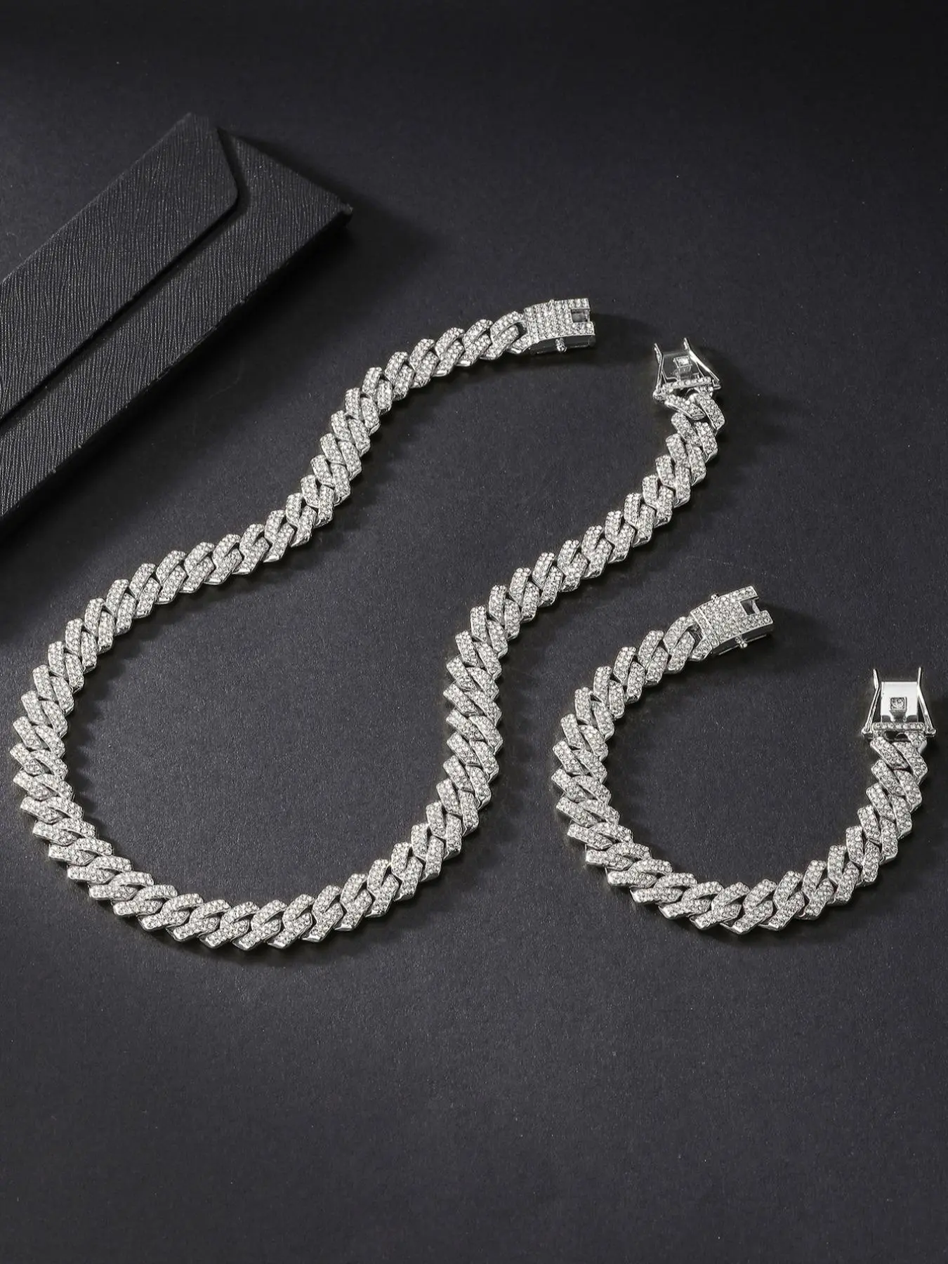 Punk Style Maximalist Jewelry Rhinestone Decorated Cuban Chain Necklace & Link Bracelet, Hip Hop Chunky Curb Chain Jewelry Set,  for Clothing Decor for Men & Women, for Gift