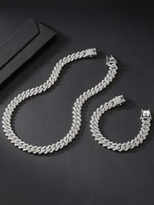 Punk Style Rhinestone Decorated Cuban Chain Necklace & Link Bracelet, Hip Hop Chunky Curb Chain Jewelry Set,  for Clothing Decor for Men & Women, for Gift