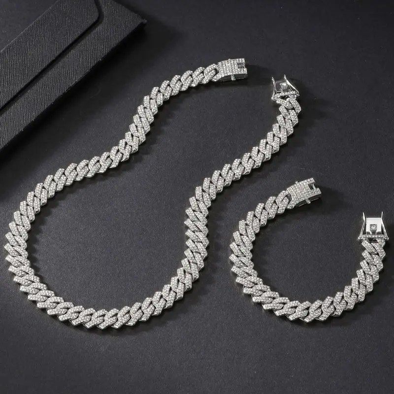 Punk Style Maximalist Jewelry Rhinestone Decorated Cuban Chain Necklace & Link Bracelet, Hip Hop Chunky Curb Chain Fashion Trendy Jewelry Set, for Clothing Decor for Men & Women, for Gift