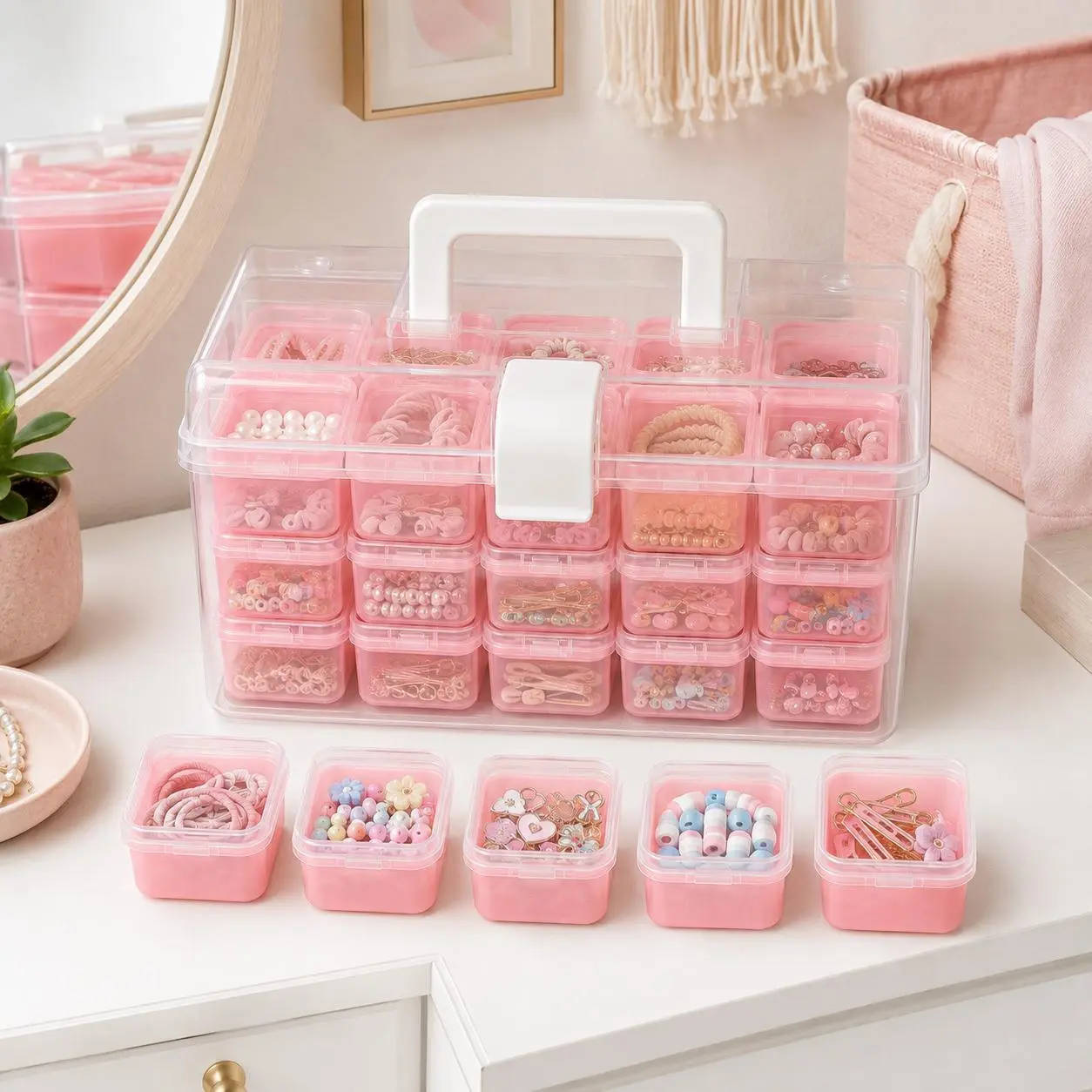 Dust‑Proof Stackable Multi‑Compartment Organizer Container,32Pcs Adjustable Dividers Plastic Storage Box Set,Portable Sorting Case 23x12.5x9.5cm,Clear Pink Available,for DIY Crafts,Beads,Jewelry,Nail Art Rhinestones,Small Hardware,Embroidery Supplie