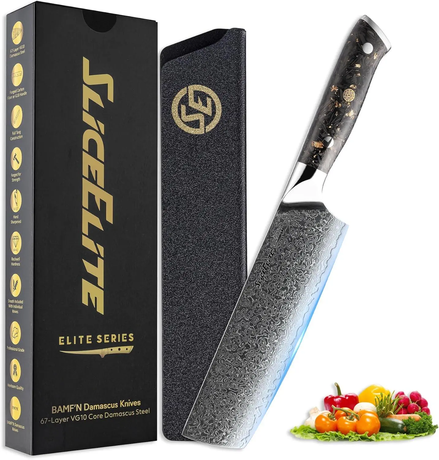 SliceElite Elite Series 7 Inch Nakiri Knife Damascus VG10 Core Forged Carbon Fiber Handle Polymer Guard Japanese Chef Vegetable Chopping Cleaver Kitchen Knife Sharp Cutting Cooking Tomato Butcher Tool