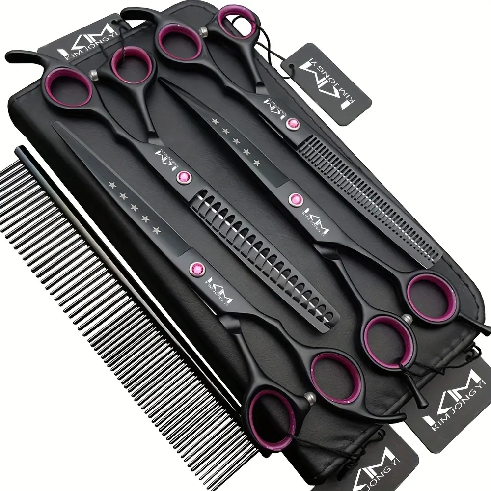 7.0 Inches Stainless Steel Professional Dog Grooming 4pcs Set - Straight & Curved Blades, Chunkers, Thinning Tool, Comb, 1 Adjusted Key (For Pet Grooming), 1 Curved Scissors, 1 Straight Scissors, Complete Kit