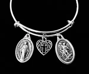 Miraculous Virgin Mary Jewelry Saint Michael Silver Expandable Charm Bracelet Adjustable One Size Fits All women
