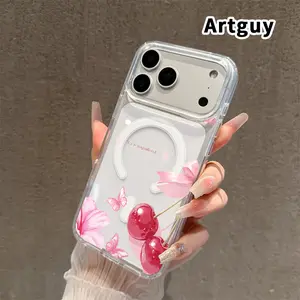 Transparent Magnetic Phone Case for iPhone 17 16  Pro Max Plus 15 14 13 12 11 Air E Pink Reverie  Pattern Acrylic Back Soft Edge Anti-Slip Hard Shell