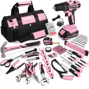 253-Piece 20V Pink Cordless Lithium-ion Drill Driver and Home Tool Set, Lady's Repairing Kit with 12-Inch Wide Mouth Open Storage Bag powertools brad DrillDriver Batteries power
