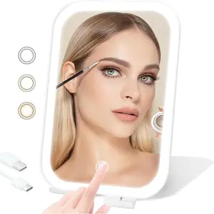 Travel Makeup Mirror, Portable Mirror with Light, 3 Adjustable Light Settings USB-Rechargeable Vanity Mirror for Bedroom, Office, Home, Gift for Women and Girls (White)